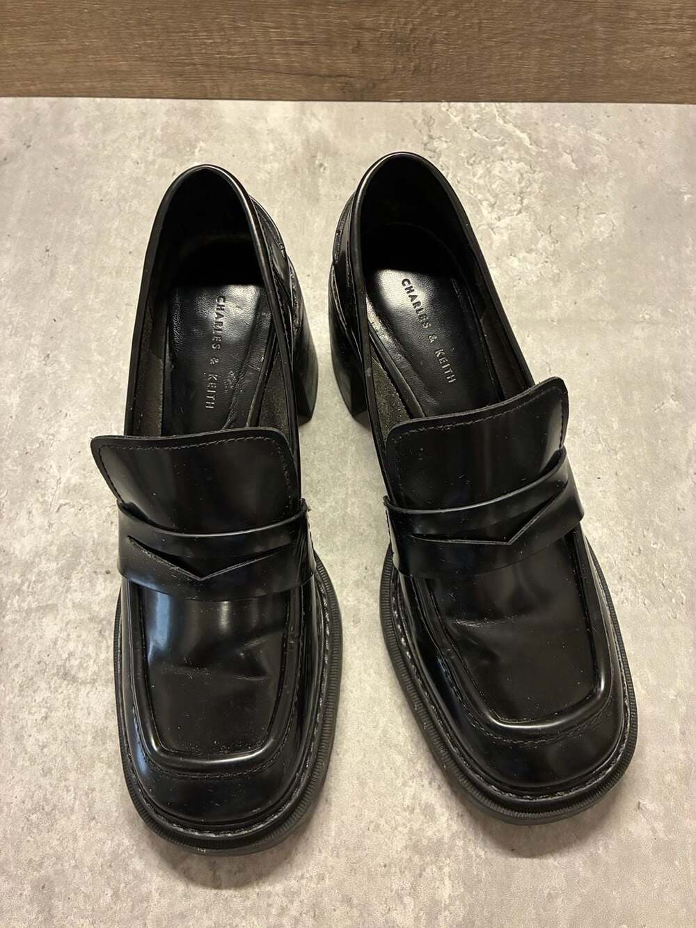 Charles & Keith Black Chunky Block Heel Penny Loafers